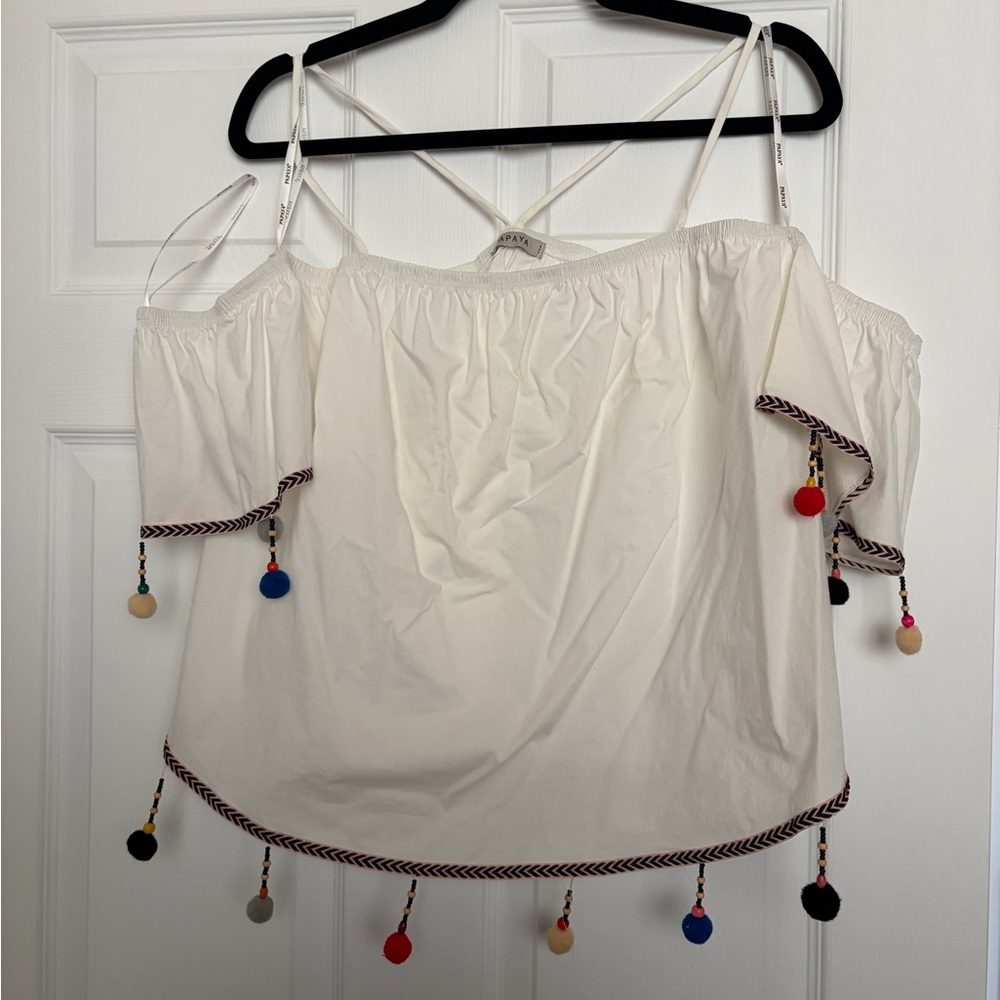 Papaya White Blouse with Multicolor Pom Poms